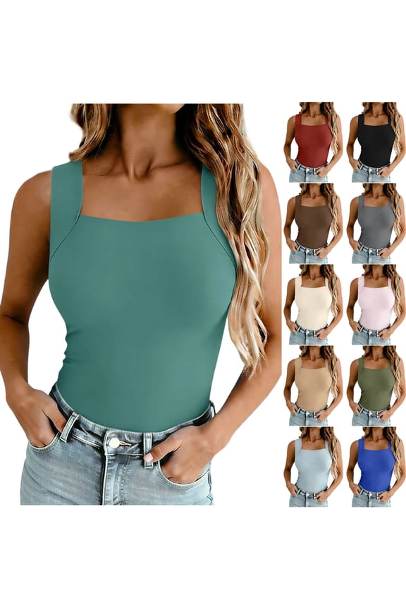 Women's Seamless Tank Top Padded Square Neck Sleeveless Slim Cropped Tops Compression Stretch Athletic Gym Tanks Shirts Solid Color Base Layer Green M