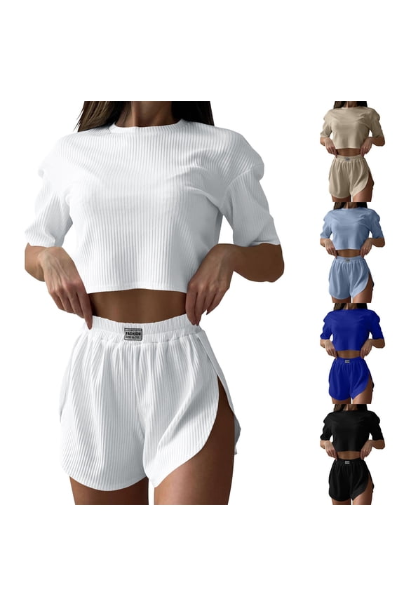 Womens 2 Piece Ribbed Lounge Set Puff Short Sleeve Crop Tops Side Split Elastic Waist Casual Shorts Matching Outfits Comfy Breathable Summer Pajama Sets White S