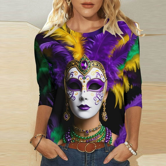 Visit the JURANMO Store Womens Fashion Fall T Shirts Mardi Gras 3/4 Sleeve Round Neck Casual Tunic Tops Color Block Carnival Themed Party Parade Tee Shirt Multicolor XL