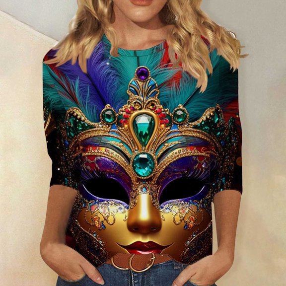 Visit the JURANMO Store Womens Novelty Graphic Tee Shirts Color Block Mardi Gras Fashion Party T Shirt Crew Neck 3/4 Sleeve Casual Tunic Tops Multicolor XL