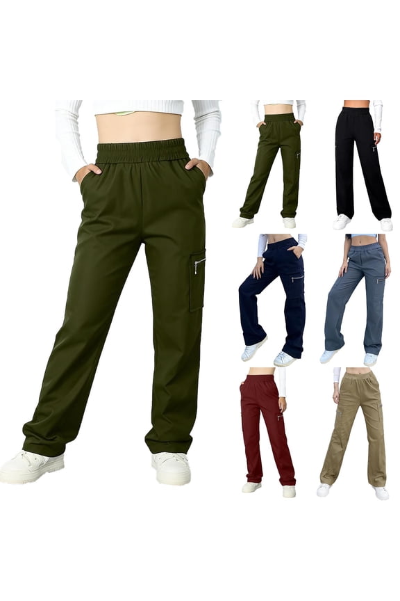 Womens Straight Fit Pants Elastic High Waisted Hiking Cargo Pants Comfy Lightweight Fashion Streetwear Trousers with Zipper Pockets Army Green M
