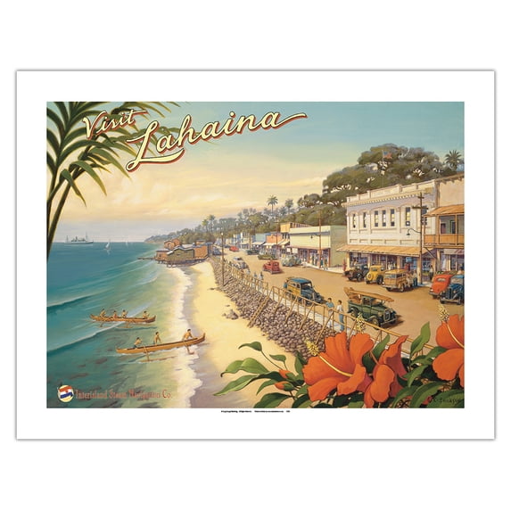 Visit Lahaina - Maui Hawaii - Vintage Hawaiian Travel Poster by Kerne Erickson - Bamboo Fine Art 290gsm Paper (Unframed) 17x22in