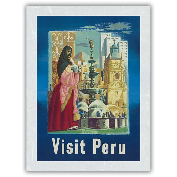 Visit Lima Peru - South America - Vintage Travel Poster by Springett c.1930s - Japanese Unryu Rice Paper Art Print (Unframed) 12 x 16 in