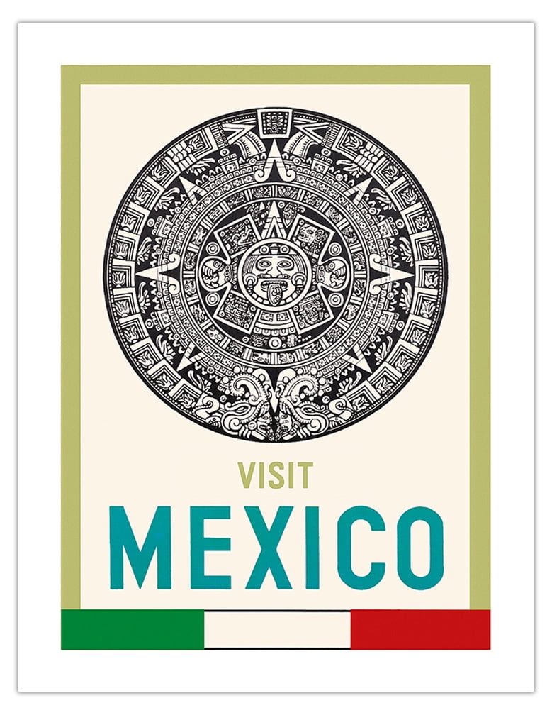 Visit Mexico - Aztec Calendar Disk - Vintage Travel Poster c.1968 ...