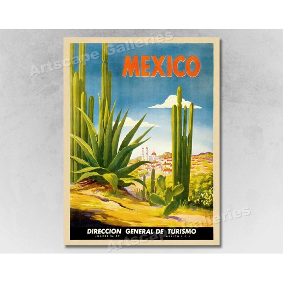 Visit Mexico Village Wall Art Print With 1930s Vintage Travel Decor