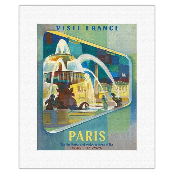 Visit Paris France - Place de la Concorde Square - French National Railways - Vintage Travel Poster by Tal c.1952 - Fine Art Rolled Canvas Print 11in x 14in