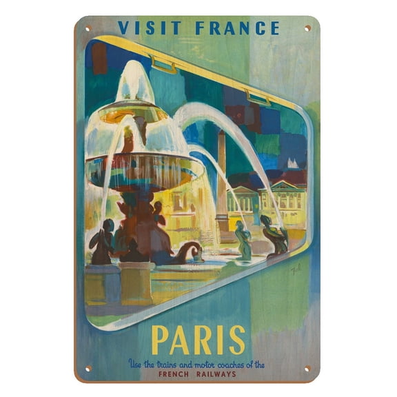 Visit Paris France - Place de la Concorde Square - French National Railways - Vintage Travel Poster by Tal c.1952 - 8 x 12 inch Vintage Wood Art Sign
