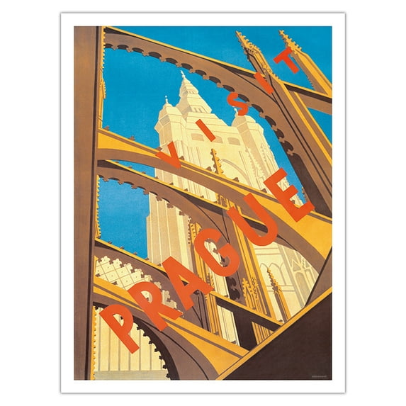Visit Prague - Czechoslovakia - Vintage Travel Poster by Milena Fnoukova c.1930s - Bamboo Fine Art 290gsm Paper (Unframed) 12x16in