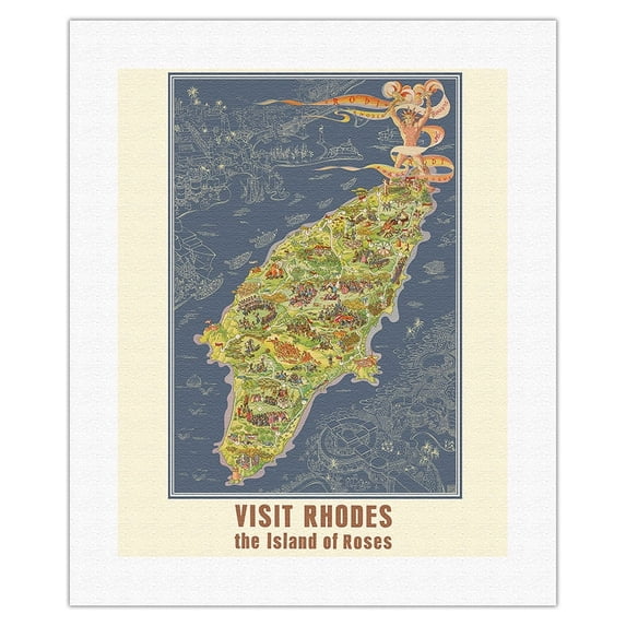 Visit Rhodes Greece - The Island of Roses - Vintage Travel Poster by Egon Huber c.1935 - Fine Art Rolled Canvas Print 16in x 20in