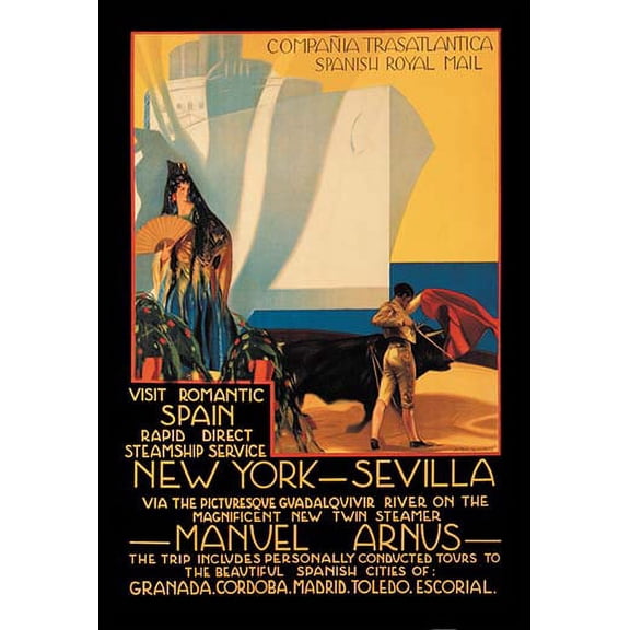 Visit Romantic Spain: Rapid Direct Steamship Service from New York to Sevilla Fine art canvas print (20" x 30")