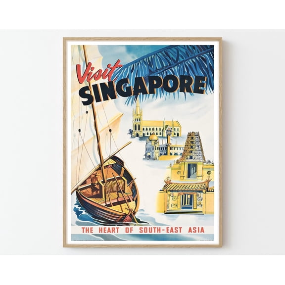 Visit Singapore Vintage Travel Poster Art Print | Home Decor Wall Art Gift, 8x12 UNFRAMED