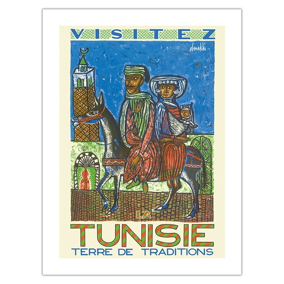 Visit Tunisia (Visitez Tunisie) - Land of Traditions - North Africa - Vintage Travel Poster by Hatem El Mekki c.1954 - Bamboo Fine Art 290gsm Paper Print (Unframed) 24x32in