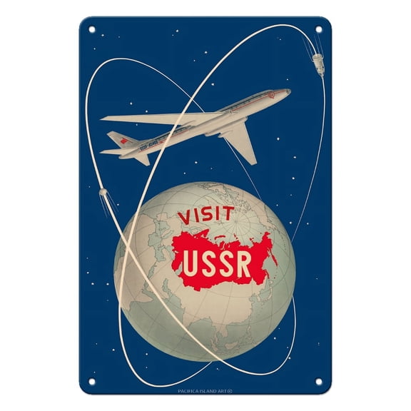Visit the U.S.S.R. - Soviet Sputnik Satellites - Russian Antonov Aircraft - Vintage Travel Poster by Anatoliy Antonchenko c.1958 - 8 x 12 inch Vintage Metal Tin Sign