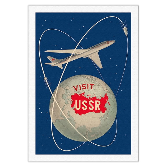 Visit the U.S.S.R. - Soviet Sputnik Satellites - Russian Antonov Aircraft - Vintage Travel Poster by Anatoliy Antonchenko c.1958 - Fine Art Rolled Canvas Print 27in x 40in