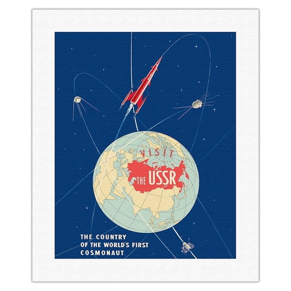 Visit the USSR (Soviet Union) - The Country of the World's First Cosmonaut - Vostok 1 Rocket - Vintage Travel Poster c.1963 - Fine Art Rolled Canvas Print 16in x 20in