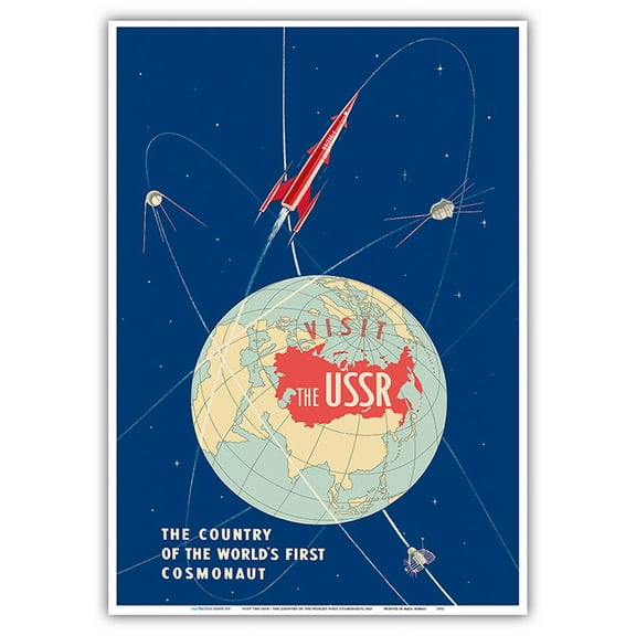 Visit the USSR (Soviet Union) - The Country of the World's First Cosmonaut - Vostok 1 Rocket - Vintage Travel Poster c.1963 - Master Art Print 10in x 14in