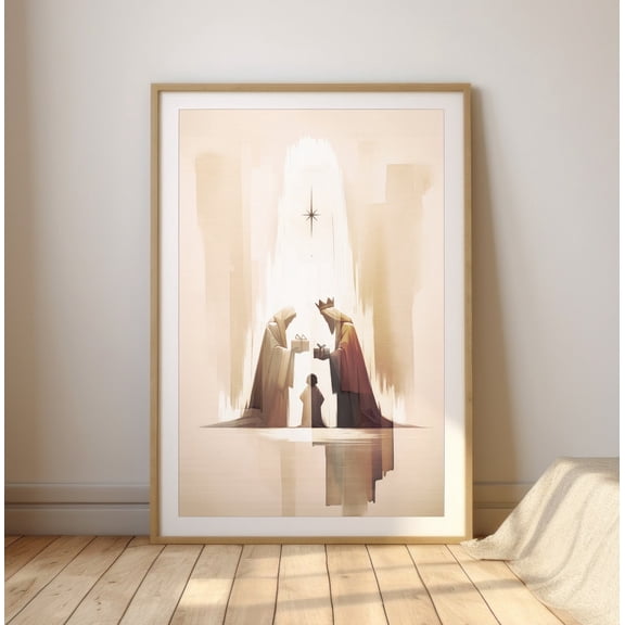 Visit Of The Wise Men Watercolor Print Minimalist Christian Art Religious Wall Decor Faith-Based Home Artwork Christmas Bible Art, Stretched Canvas Size 12x18