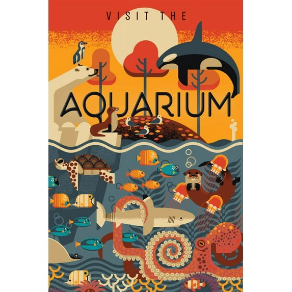 Visit the Aquarium, Textured Geometric, Marine Animals (9x12 Wall Art Print, Home Decor)