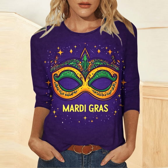 Visit the JURANMO Store 3/4 Sleeve Shirts for Women Mask Graphic Mardi Gras T Shirt Carnival Themed Party Parade Tee Tops Purple XL