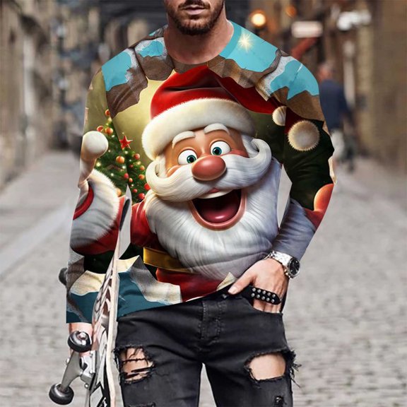 Visit the JURANMO Store Christmas Hat T Shirt for Men Crew Neck Long Sleeve Xmas Party Tee Tops Big and Tall Fashion Street Tees Sky Blue XXXL