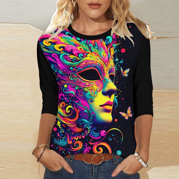 Visit the JURANMO Store Mardi Gras Tshirt for Women Mask Novelty Graphic 3/4 Sleeve Carnival Tee Tops Round Neck Parade Blouse Multicolor S