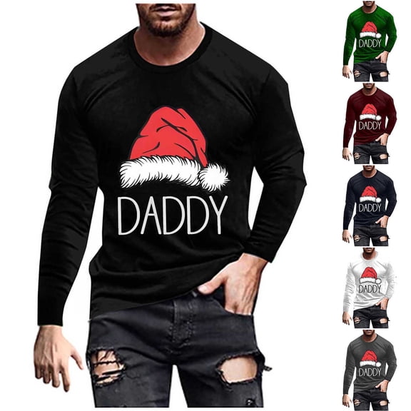 Visit the JURANMO Store Men's Big and Tall Fall Tee Tops Christmas Hat Graphic Long Sleeve Round Neck T Shirts Trendy Xmas Tees White M