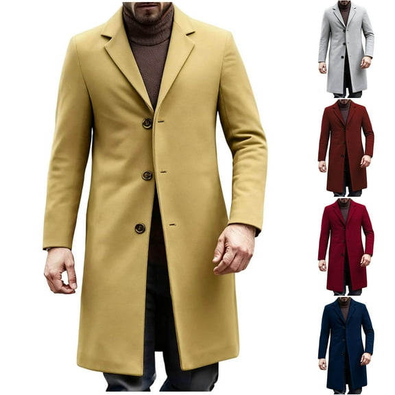 Visit the JURANMO Store Mens Single Breasted Trench Coat Woolen Notch Lapel Long Sleeve Pea Coats Knee Length Business Casual Jackets Navy XL