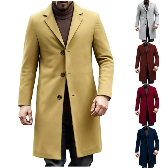 Visit the JURANMO Store Mens Single Breasted Trench Coat Woolen Notch Lapel Long Sleeve Pea Coats Knee Length Business Casual Jackets Wine XL