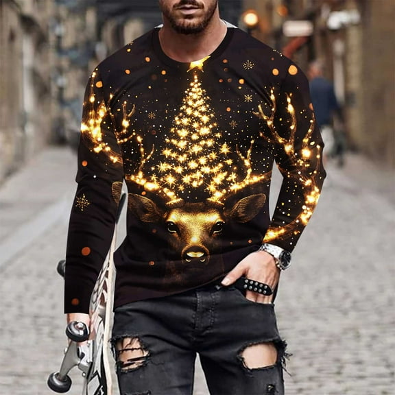 Visit the JURANMO Store Trendy Tee Tops for Men Christmas Santa Graphic Long Sleeve Casual T Shirts Big and Tall Novelty Xmas Tees Gold M