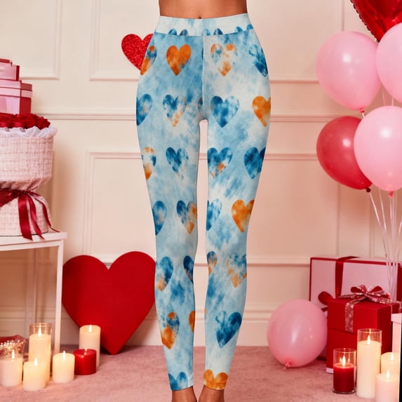 Visit the JURANMO Store Women Fashion Leggings Heart Print Valentine's Day Holiday Tight Pants Cute Casual Valentines Legging Light Blue M