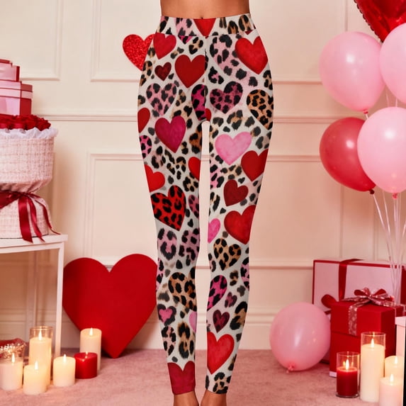 Visit the JURANMO Store Women's Cute Leggings Heart Print High Waisted Casual Tight Pants Funny Graphic Valentine's Day Legging Pink L