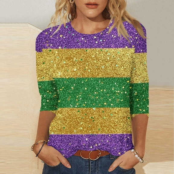 Visit the JURANMO Store Women's Holiday Shirts Color Block Striped Print Mardi Gras T Shirt Novelty Graphic Parade Tunic Tops Gold XL