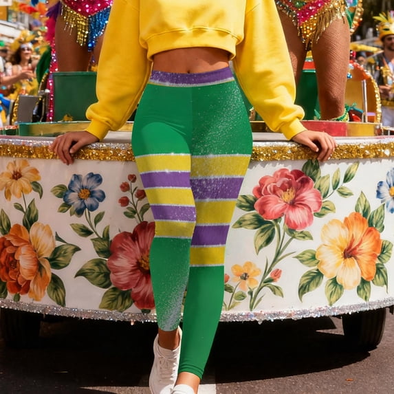 Visit the JURANMO Store Women's Striped Leggings Color Block High Waist Mardi Gras Tight Pants Ankle Length Carnival Parade Legging Multicolor S