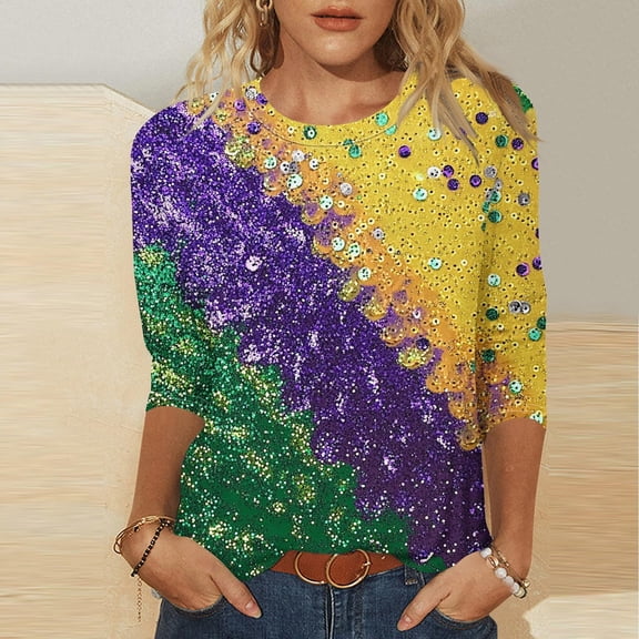 Visit the JURANMO Store Womens Mardi Gras Shirts 3/4 Sleeve Tops Crew Neck Novelty Graphic Tees Carnival Themed Party Tunic Tops Purple M