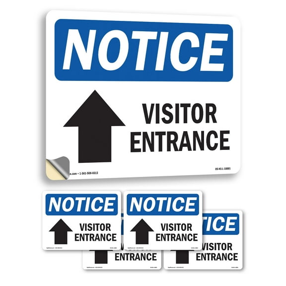 Visitor Entrance [Up Arrow] With Symbol OSHA Notice Vinyl Decal Label 5 Inch x 3.5 Inch - 5 Pack