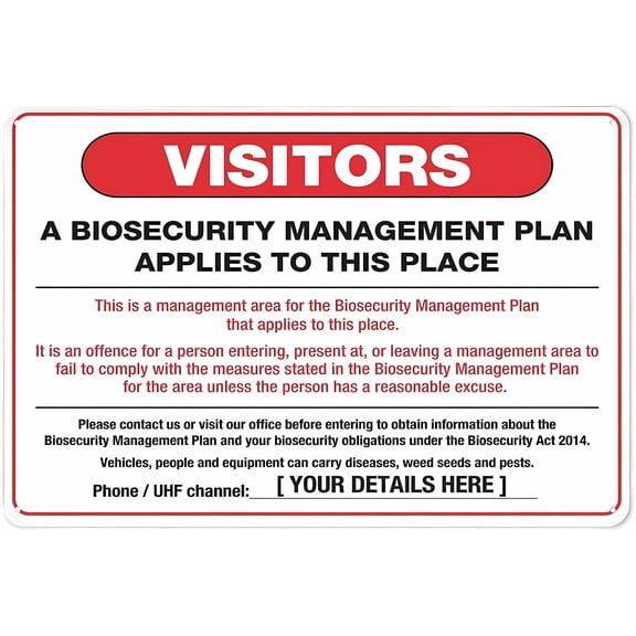 Visitors Biosecurity Management Plan Qld Sign - 12×8 Inches, Reflective Aluminum Metal Warning Signage with Symbol, Indoor Outdoor Use