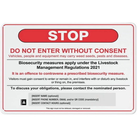 Visitors Biosecurity Stop Do Not Enter Without Consent Vic Outdoor Safe Sign - 8"x12", UV Protected, Weatherproof - Farm, Ranch, Agricultural Site Alert