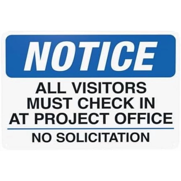 All Visitors Must Check In At Project Office,No Solicitations Warning,Visitor Security Metal Signs for Home Busines Garage Street Wall Caution Decor 12 x 8 Inch