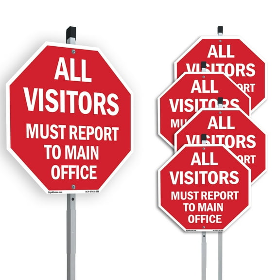 All Visitors Must Report to Main Office (5 Pack) 10 inch X 10 inch Octagon Aluminum Metal Signs with Aluminum Mounting Stakes Weather Resistant UV Protected for Workplace Private