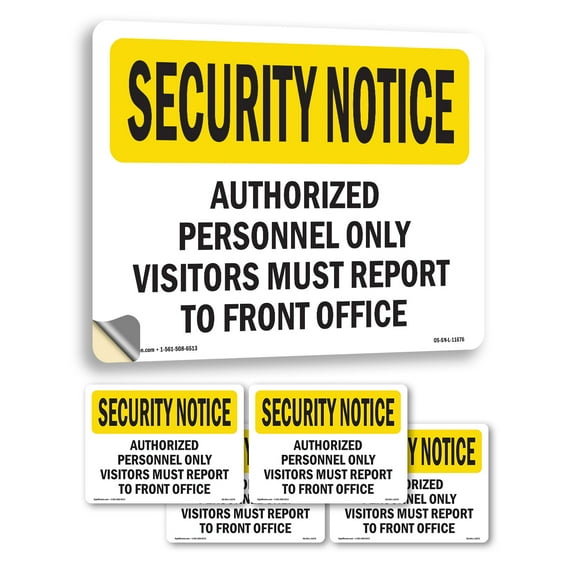 Visitors Report To Front Office OSHA Security Notice Vinyl Decal Label 18 Inch x 12 Inch - 5 Pack