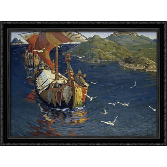 Visitors from over the sea 36x28 Large Black Ornate Wood Framed Canvas Art by Nicholas Roerich