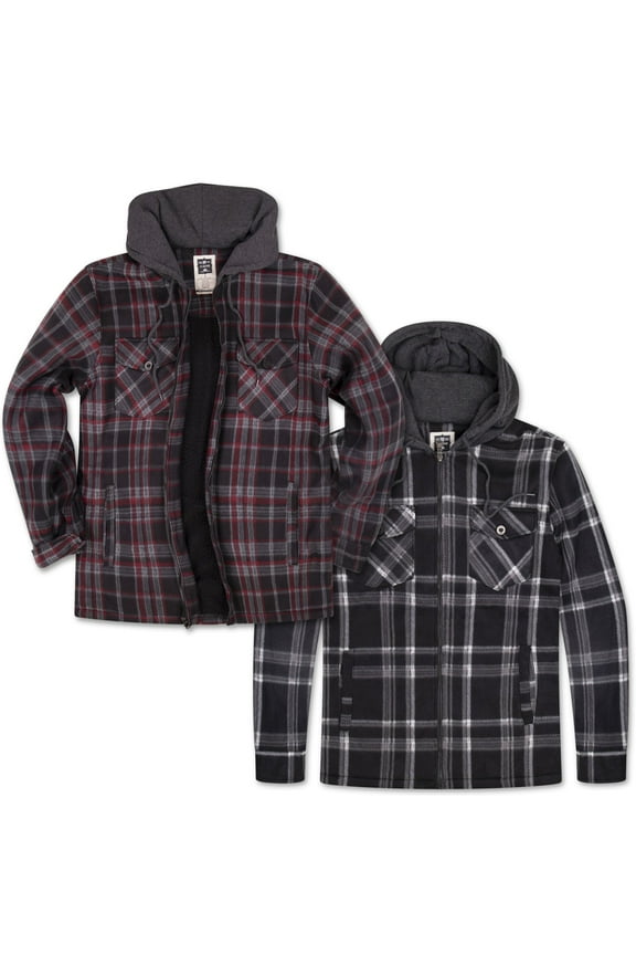 2-Pack Men Flannel Jacket - Big and Tall Zip Up Hoodie with Sherpa Lined Zip Up Hoodie - Fleece Plaid Shirt Jacket - Perfect for Hiking, Camping, & Everyday Winter Wear