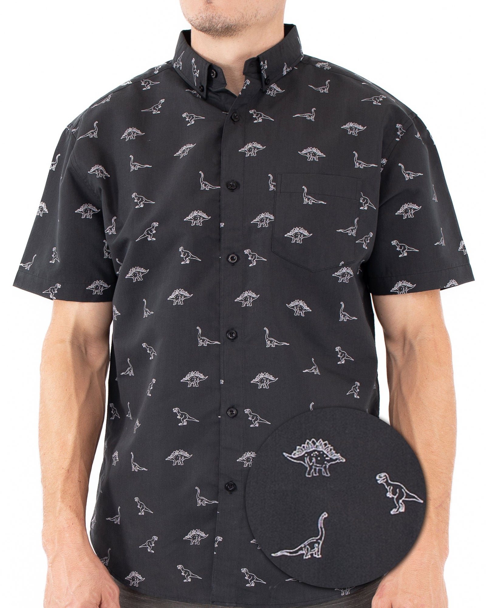 dinosaur dress shirt mens Dinosaur Short Sleeve Men Button Up Shirt, Dino Skeleton Green Print Casual Buttoned Down Summer Dress Shirt Gift Husband S