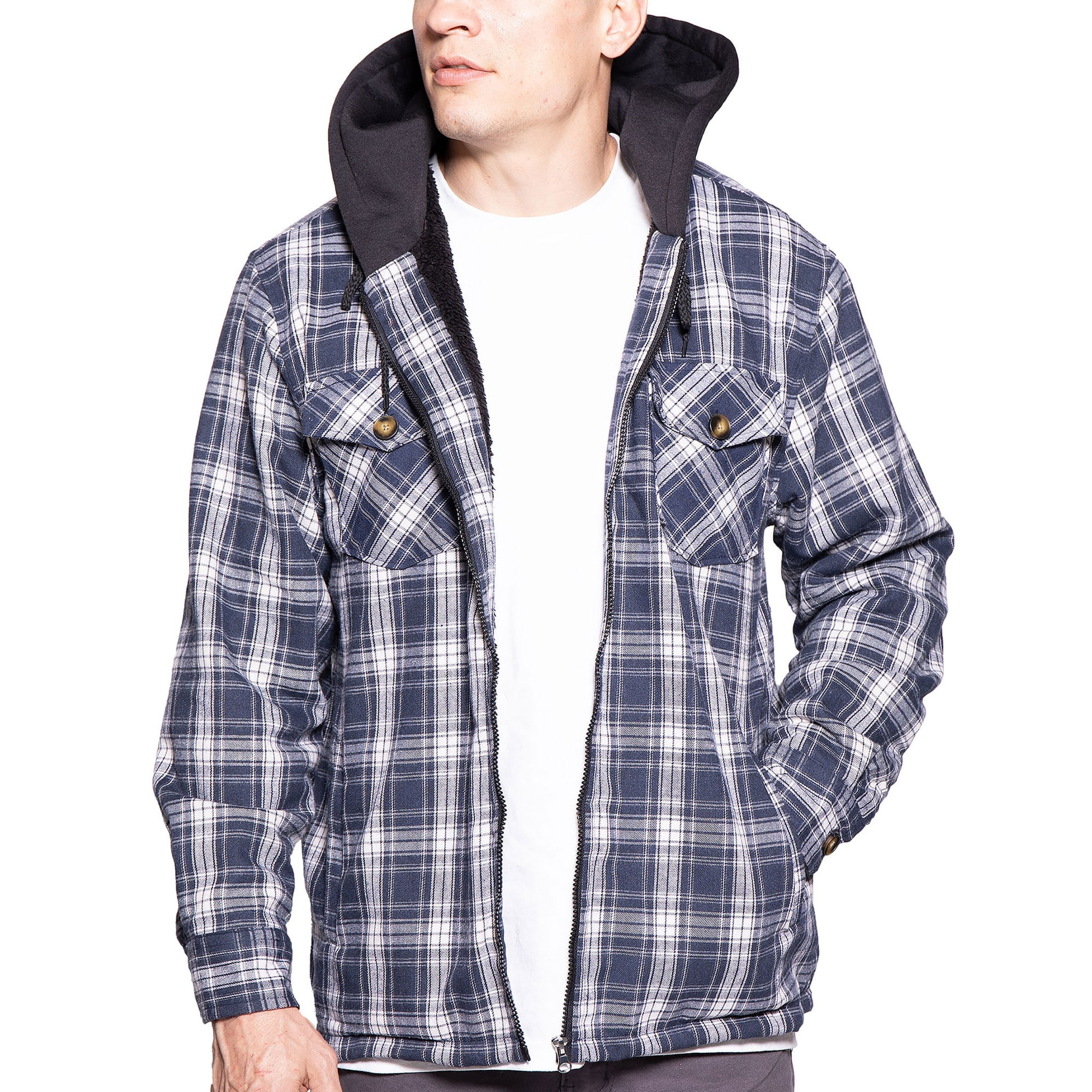 Visive Men's Sherpa-Lined Flannel Hoodie Jacket - Warm Zip-Up Layer for ...