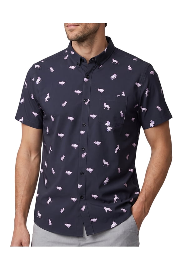 Men’s Cat Print Short Sleeve Button Down Shirt – Funny Novelty Kitty Top – Casual Gift for Cat Lovers