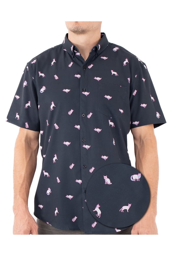 Men’s Cat Print Short Sleeve Button Down Shirt – Funny Novelty Kitty Top – Casual Gift for Cat Lovers