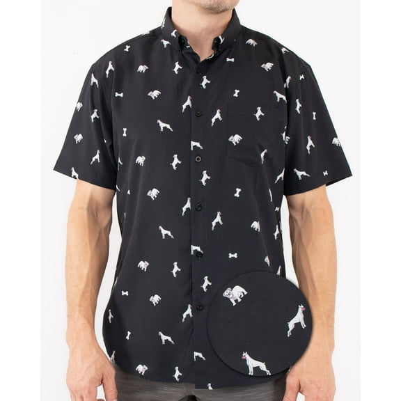 Men’s Short Sleeve Button Down Shirt – Dog Print – Black Casual Novelty Top Gift for Him