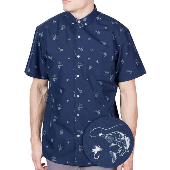 Men’s Fishing & Shark Button Up Shirt – Funny Fish Print Short Sleeve Top – Casual Vacation Gift for Him