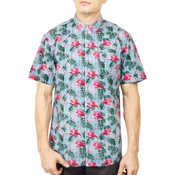 Men’s Flamingo Print Button Down Shirt – Tropical Short Sleeve Casual Vacation Party Top