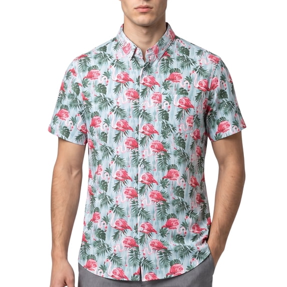 Men’s Flamingo Print Button Down Shirt – Tropical Short Sleeve Casual Vacation Party Top